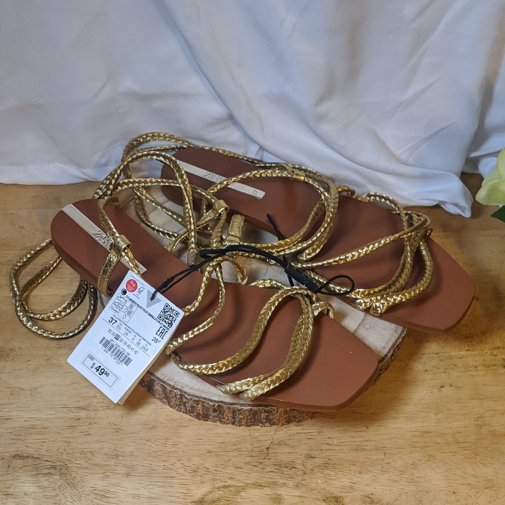 Zara Gold Braided Straps Women's Sandals Size 6.5 EU 37